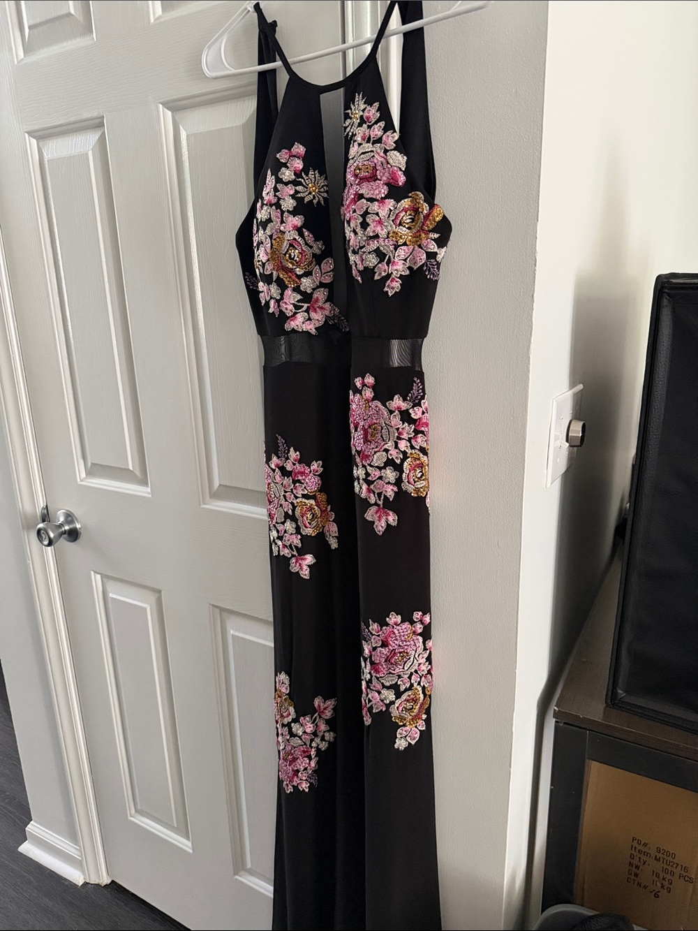 Black Maxi Dress with Pink Floral Embroidery Halter Neck